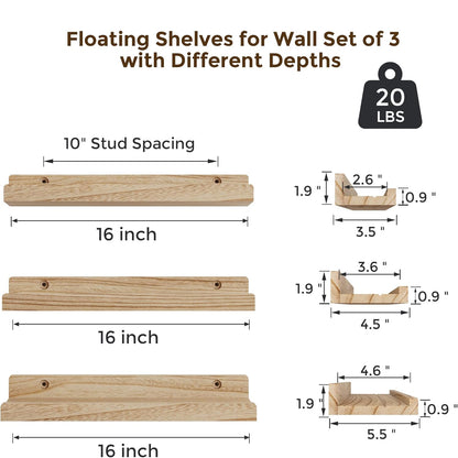 ShelfLoft 16" Wide x 5.5" Deep 20lbs Picture Ledge Shelf Wood Floating Shelves,3 Pack