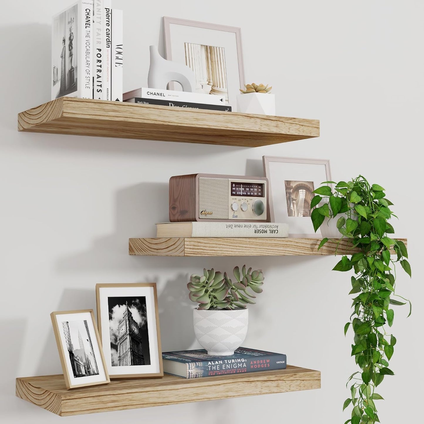 ShelfLoft 17" Wide x 6.7" Deep Natural Paulownia Wood Floating Shelves, 3 Pack