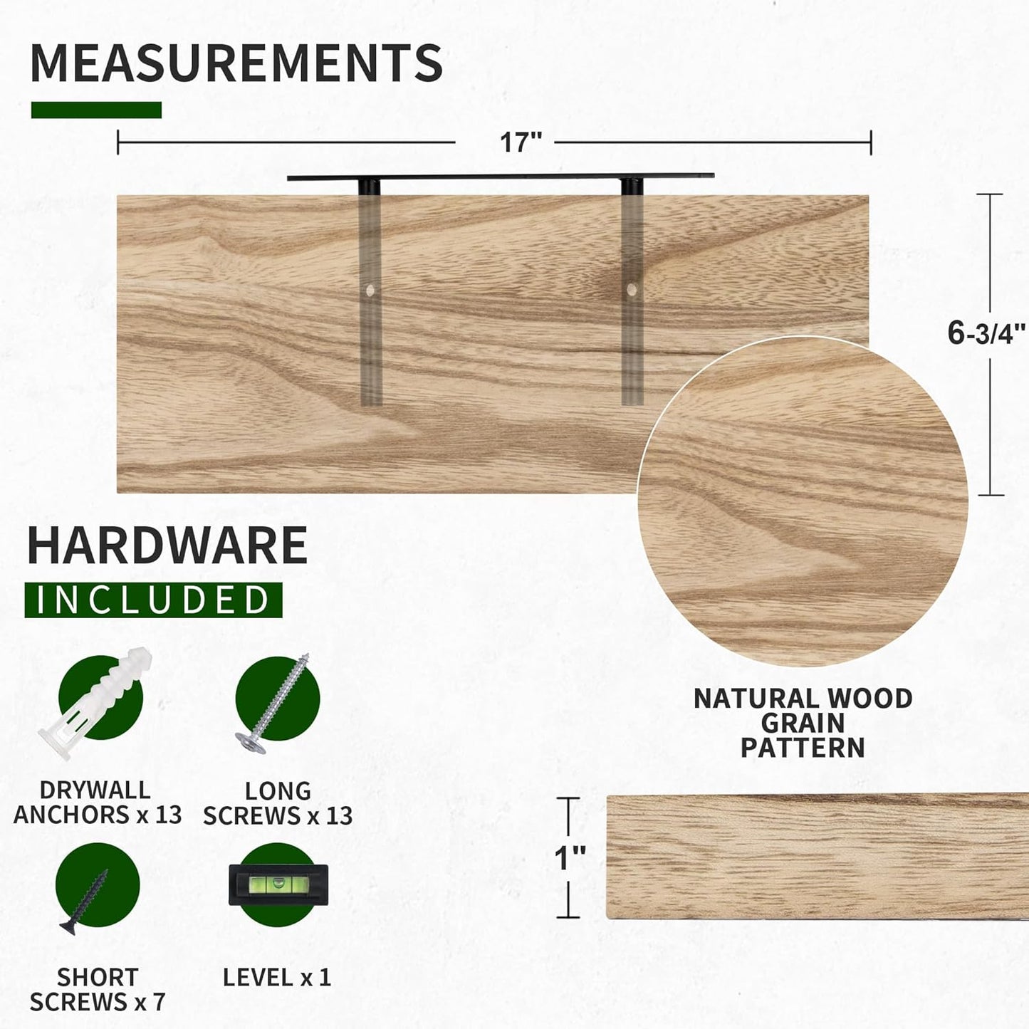 ShelfLoft 17" Wide x 6.7" Deep Natural Paulownia Wood Floating Shelves, 3 Pack