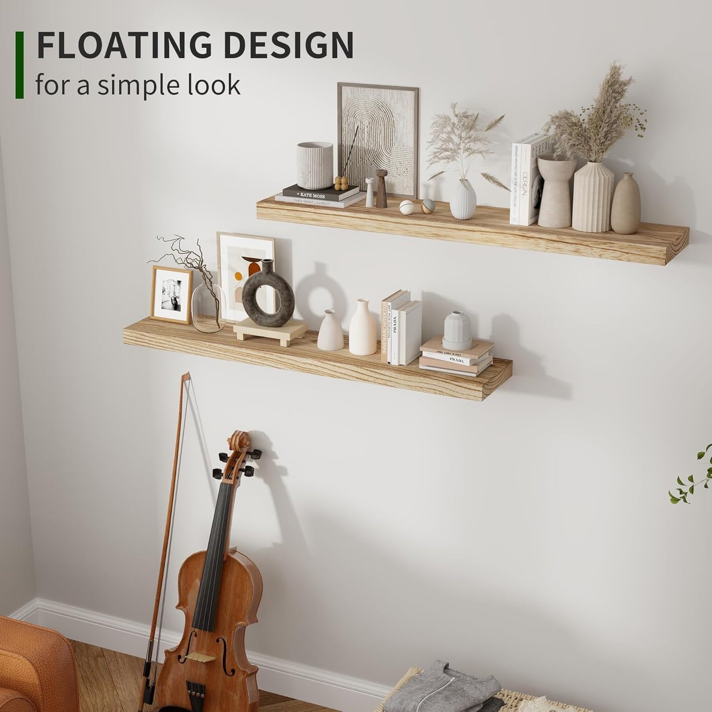 ShelfLoft 24""W x 6.7"D Natural Paulownia Wood Floating Shelves,Carbonized Black-2 Pack