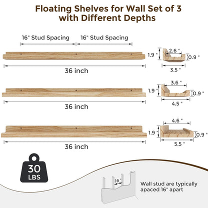 ShelfLoft 36" Wide x 5.5" Deep 30lbs Picture Ledge Shelf Wood Floating Shelves,3 Pack