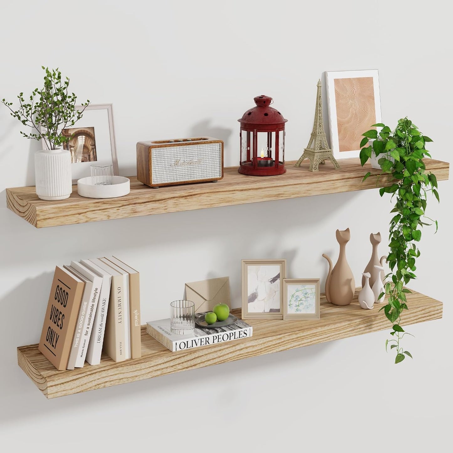 ShelfLoft 36""W x 6.7"D Natural Paulownia Wood Floating Shelves,Carbonized Black-2 Pack