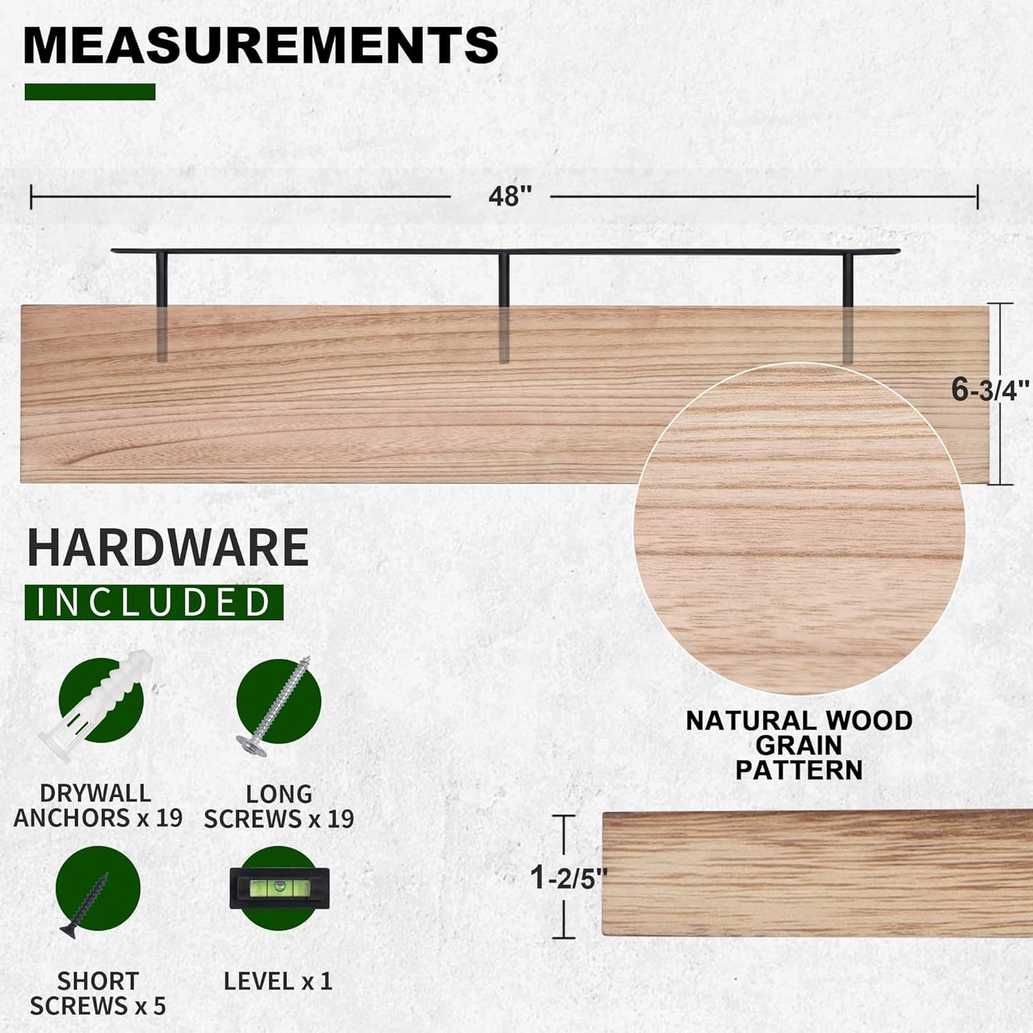 ShelfLoft 48" Wide x 6.8" Deep Natural Paulownia Wood Floating Shelves, 2 Pack