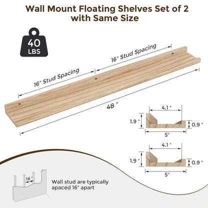 ShelfLoft 48" Wide x 5" Deep 40lbs Picture Ledge Shelf Wood Floating Shelves,2 Pack