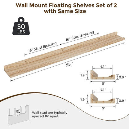 ShelfLoft 55" Wide x 5" Deep 50lbs Picture Ledge Shelf Wood Floating Shelves,2 Pack