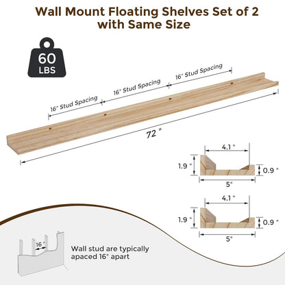 ShelfLoft 72" Wide x 5" Deep 60lbs Picture Ledge Shelf Wood Floating Shelves,2 Pack