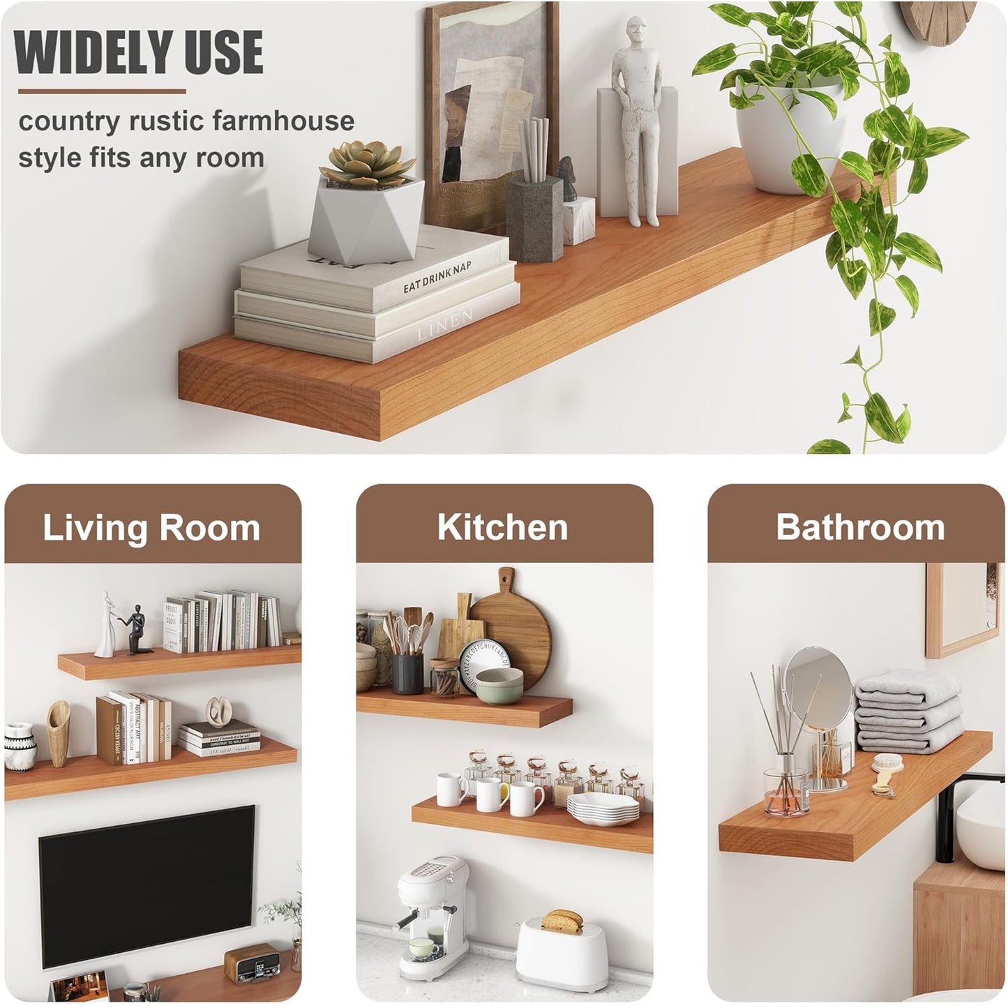 ShelfLoft 8 Inch Deep USA-Sourced Wood Floating Shelves for Wall