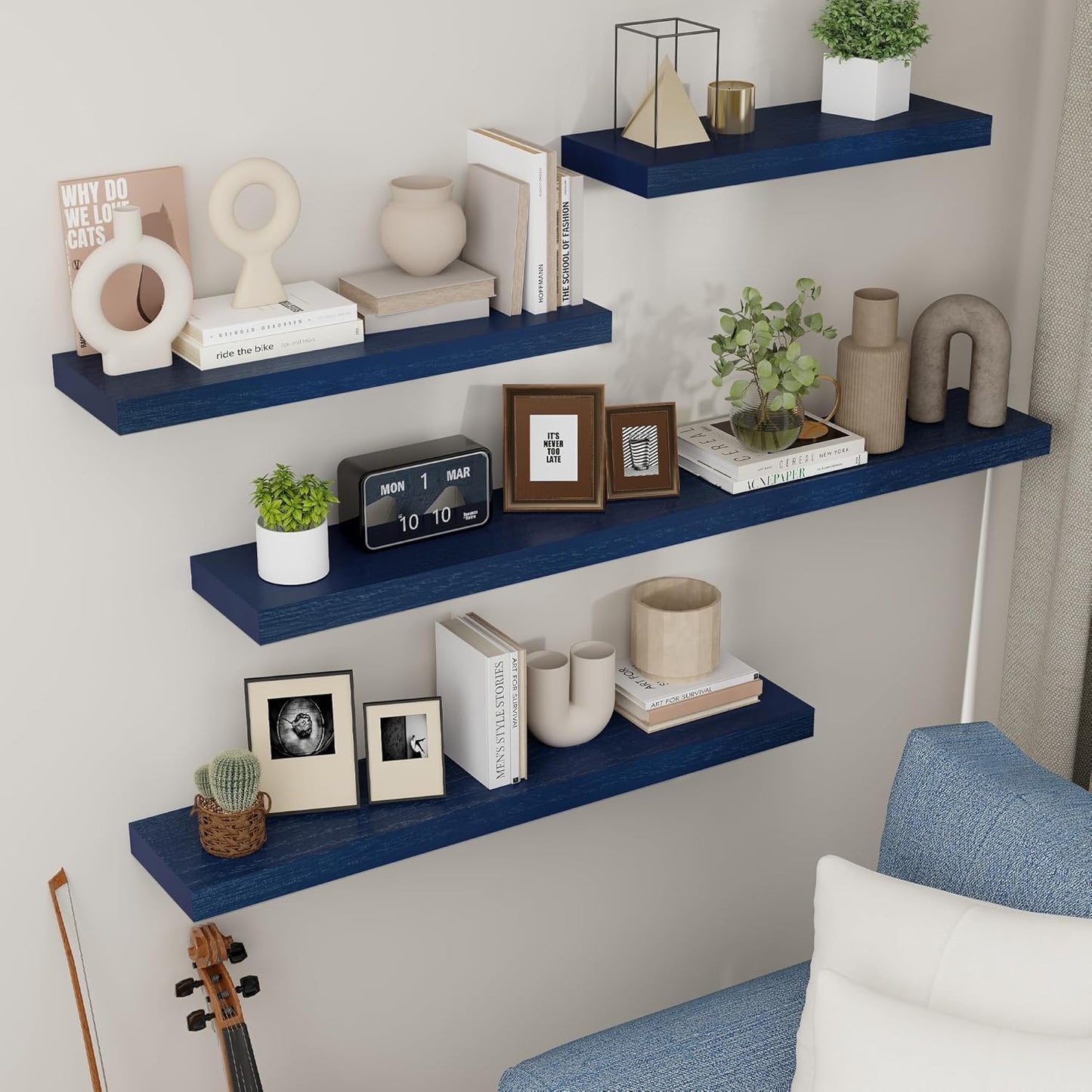 ShelfLoft 6.7"D x 1.4"H Dark Blue Paulownia Wood Wall Display Decor Floating Shelves