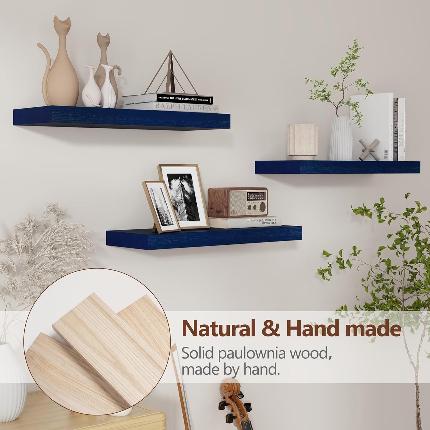 ShelfLoft 6.7"D x 1.4"H Dark Blue Paulownia Wood Wall Display Decor Floating Shelves