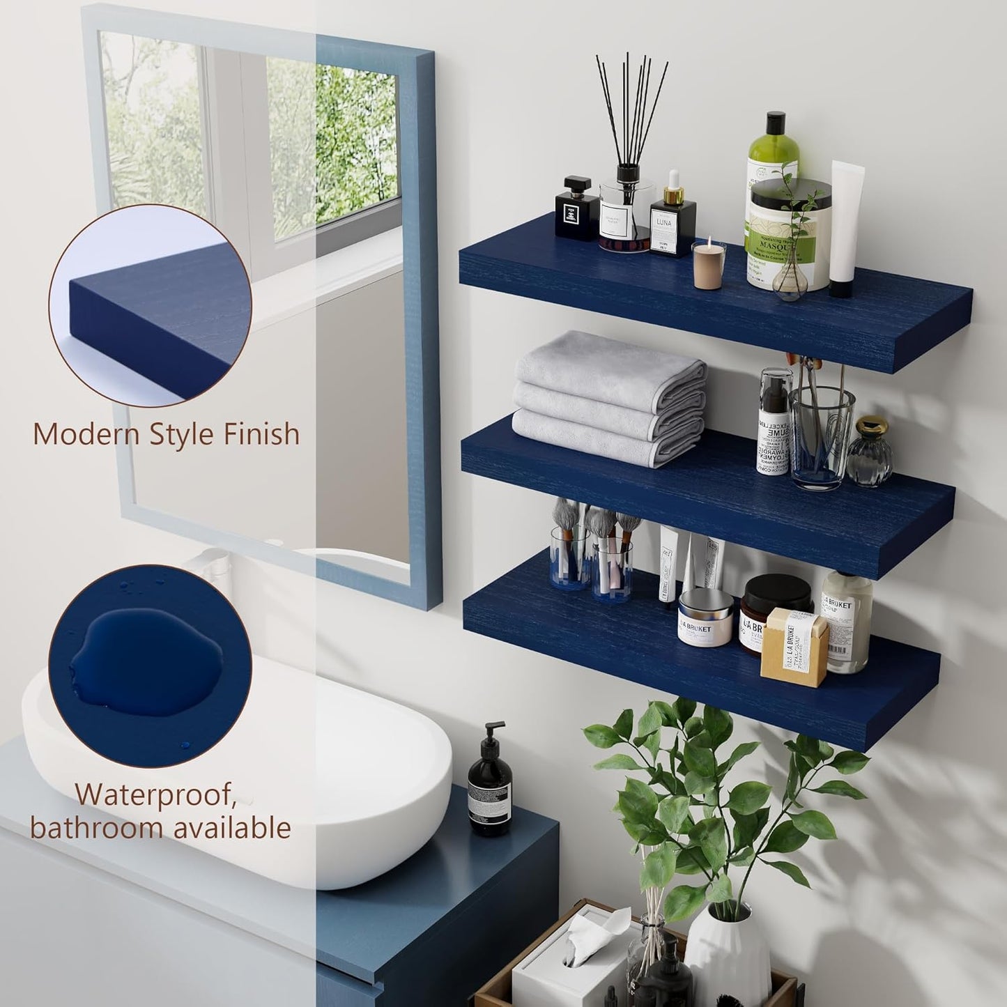 ShelfLoft 6.7"D x 1.4"H Dark Blue Paulownia Wood Wall Display Decor Floating Shelves