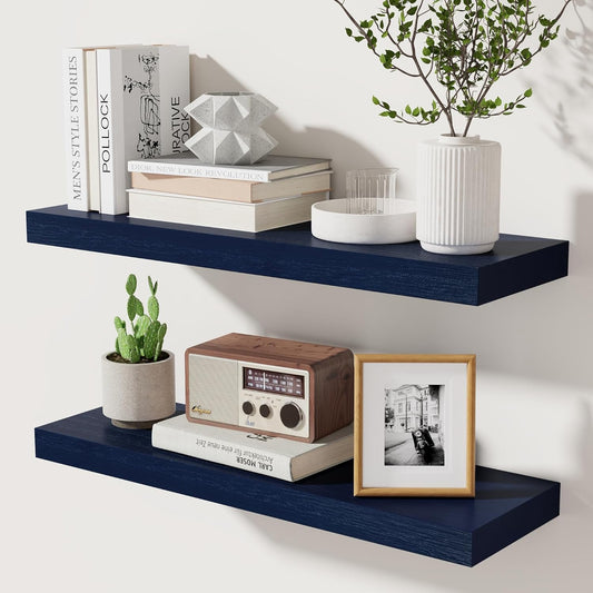 ShelfLoft 24"W x 6.7"D Paulownia Wood Wall Display Decor Floating Shelves,Dark Blue-2 Pack