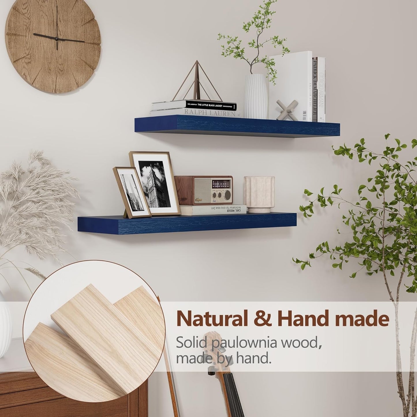 ShelfLoft 6.7"D x 1.4"H Dark Blue Paulownia Wood Wall Display Decor Floating Shelves