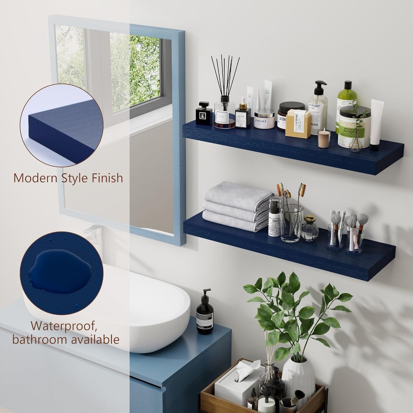 ShelfLoft 6.7"D x 1.4"H Dark Blue Paulownia Wood Wall Display Decor Floating Shelves