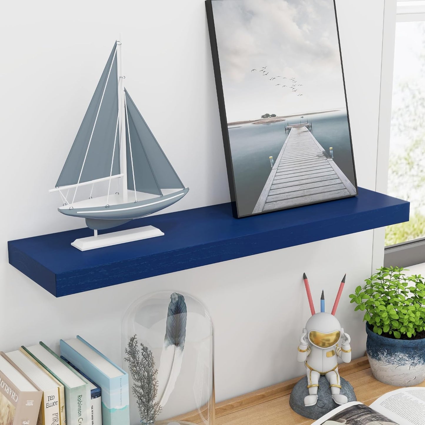 ShelfLoft 6.7"D x 1.4"H Dark Blue Paulownia Wood Wall Display Decor Floating Shelves