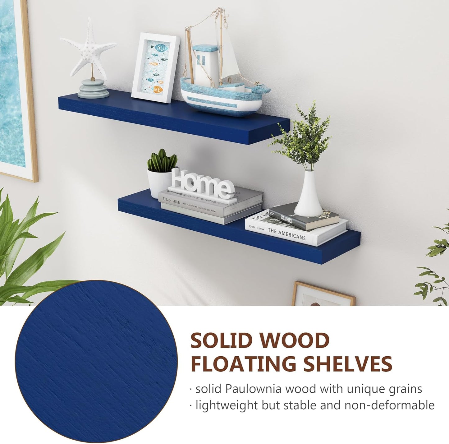 ShelfLoft 6.7"D x 1.4"H Dark Blue Paulownia Wood Wall Display Decor Floating Shelves