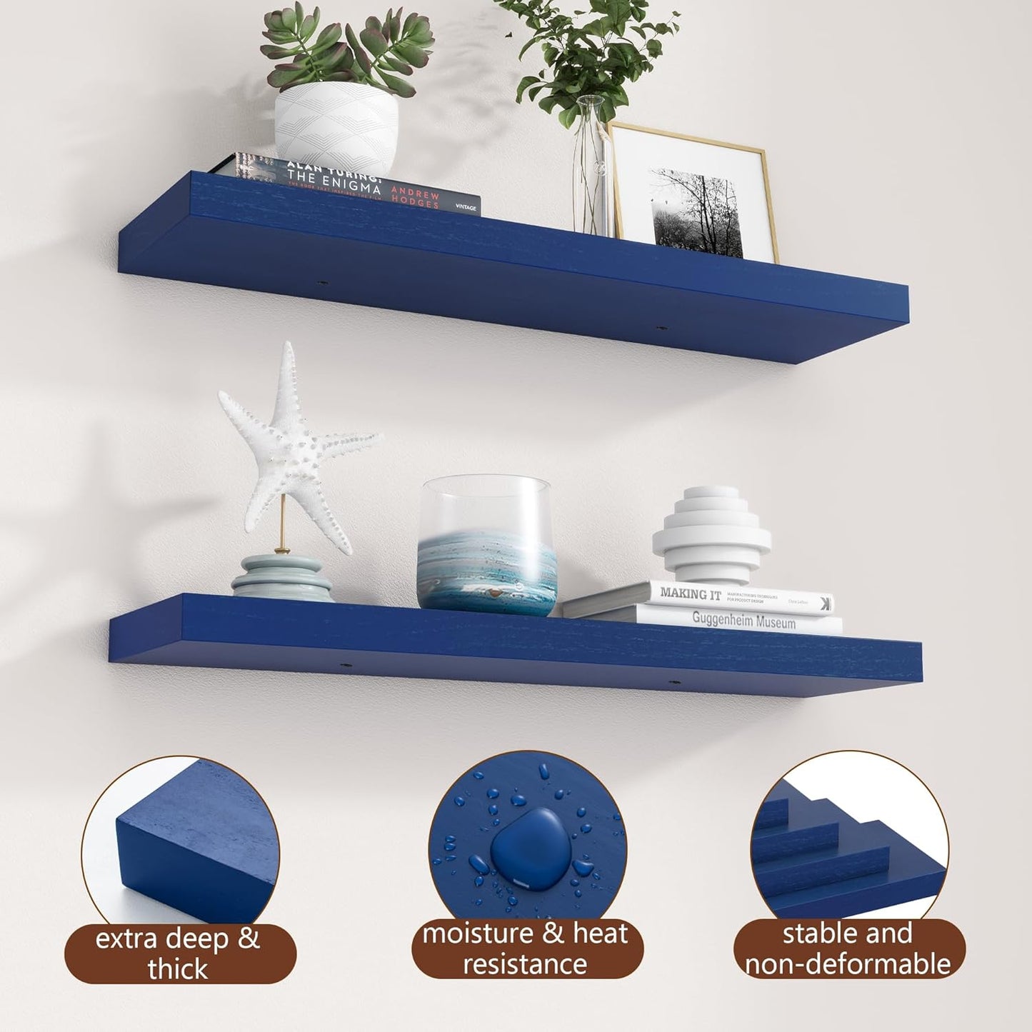 ShelfLoft 6.7"D x 1.4"H Dark Blue Paulownia Wood Wall Display Decor Floating Shelves