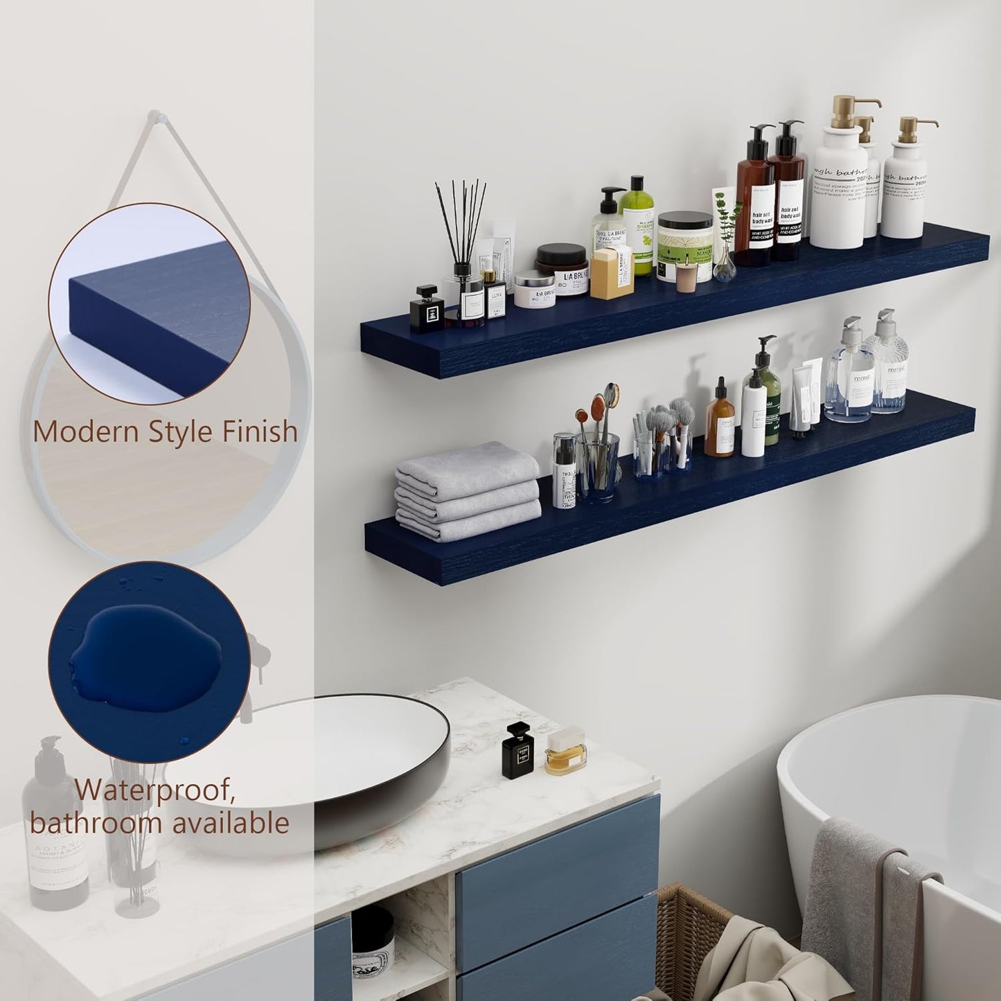 ShelfLoft 6.7"D x 1.4"H Dark Blue Paulownia Wood Wall Display Decor Floating Shelves