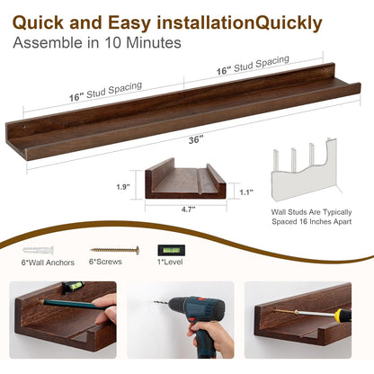 ShelfLoft 36" Wide x 4.7" Deep Solid Oak Wood Picture Ledge Floating Shelves,Set of 2