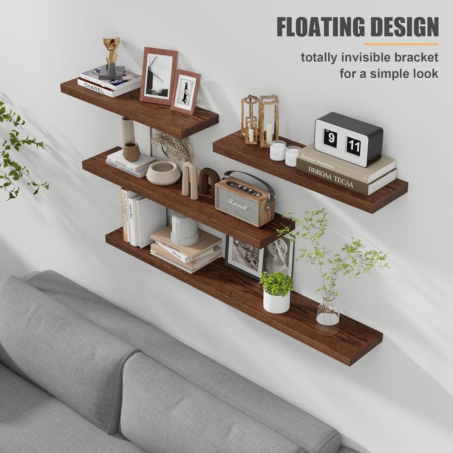 ShelfLoft 8"D x 1.4"H 88lbs Dark Solid Oak Wood Floating Shelves Wall Mounted Display Shelf