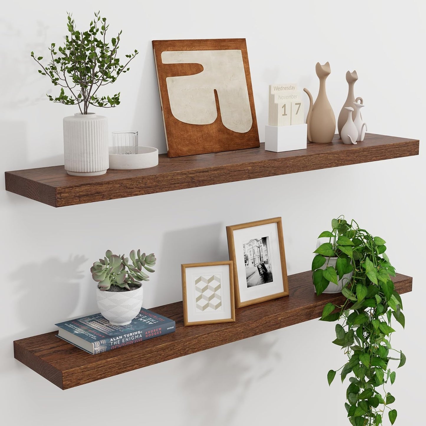 ShelfLoft 8"D x 1.4"H 88lbs Dark Solid Oak Wood Floating Shelves Wall Mounted Display Shelf