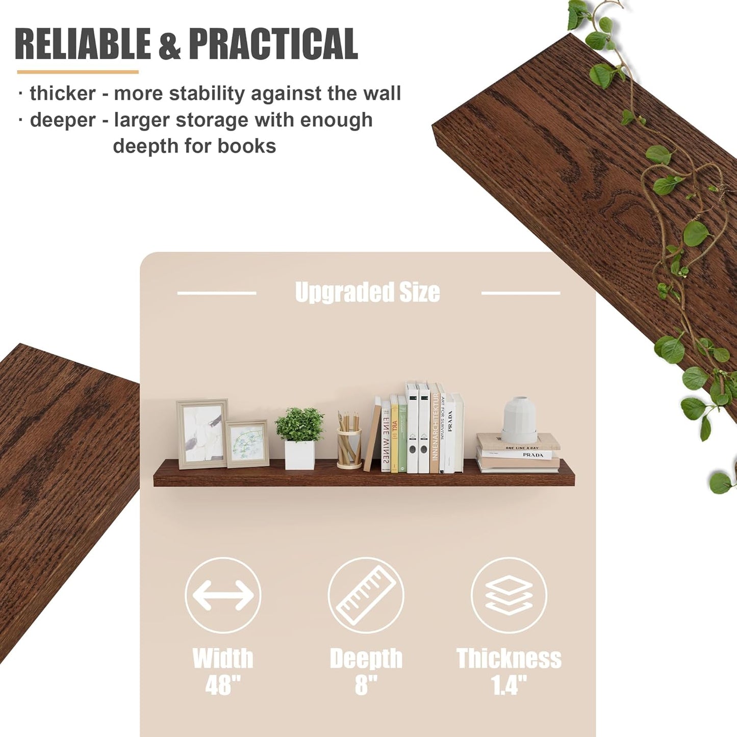 ShelfLoft 48" Wide x 8" Deep 88lbs Solid Oak Wood Floating Shelves Wall Mounted Display Shelf, 2 Pack