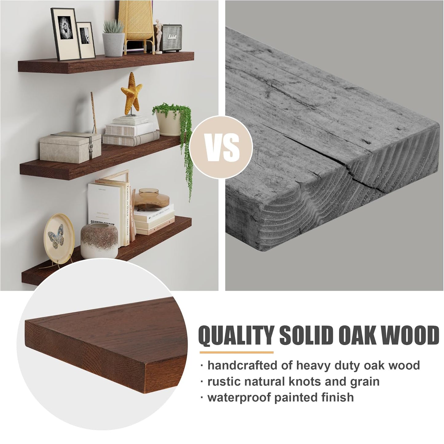 ShelfLoft 48" Wide x 8" Deep 88lbs Solid Oak Wood Floating Shelves Wall Mounted Display Shelf, 2 Pack