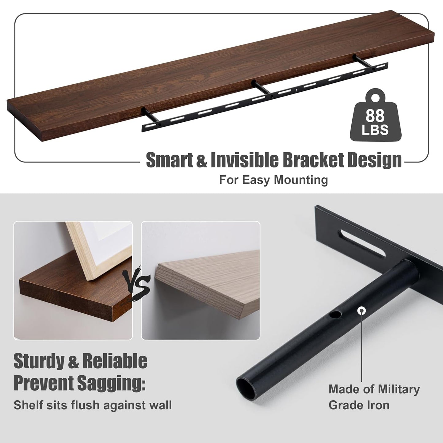 ShelfLoft 48" Wide x 8" Deep 88lbs Solid Oak Wood Floating Shelves Wall Mounted Display Shelf,Dark Oak Finish-1 Pack