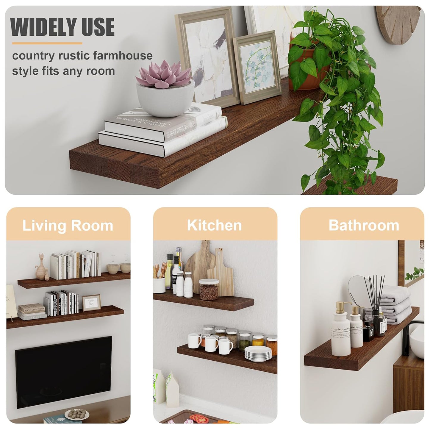 ShelfLoft 48" Wide x 8" Deep 88lbs Solid Oak Wood Floating Shelves Wall Mounted Display Shelf, 2 Pack