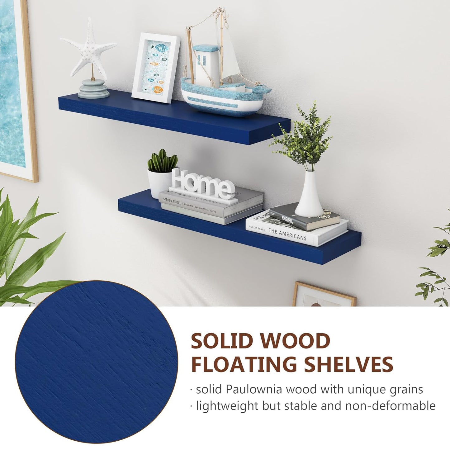 ShelfLoft 36"W x 6.7"D Paulownia Wood Wall Display Decor Floating Shelves,Dark Blue-2 Pack