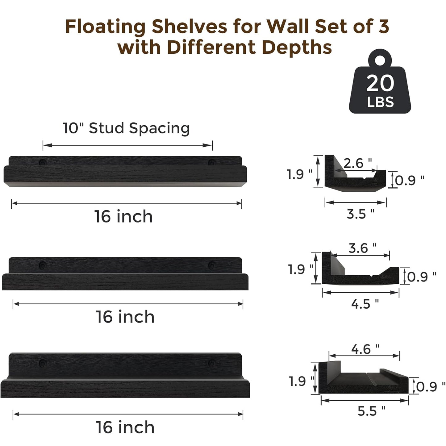 ShelfLoft 5.5"D x 1.9"H Distressed Black 60lbs Picture Ledge Shelf Wood Floating Shelves