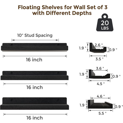 ShelfLoft 16" Wide x 5.5" Deep 20lbs Picture Ledge Shelf Wood Floating Shelves,3 Pack