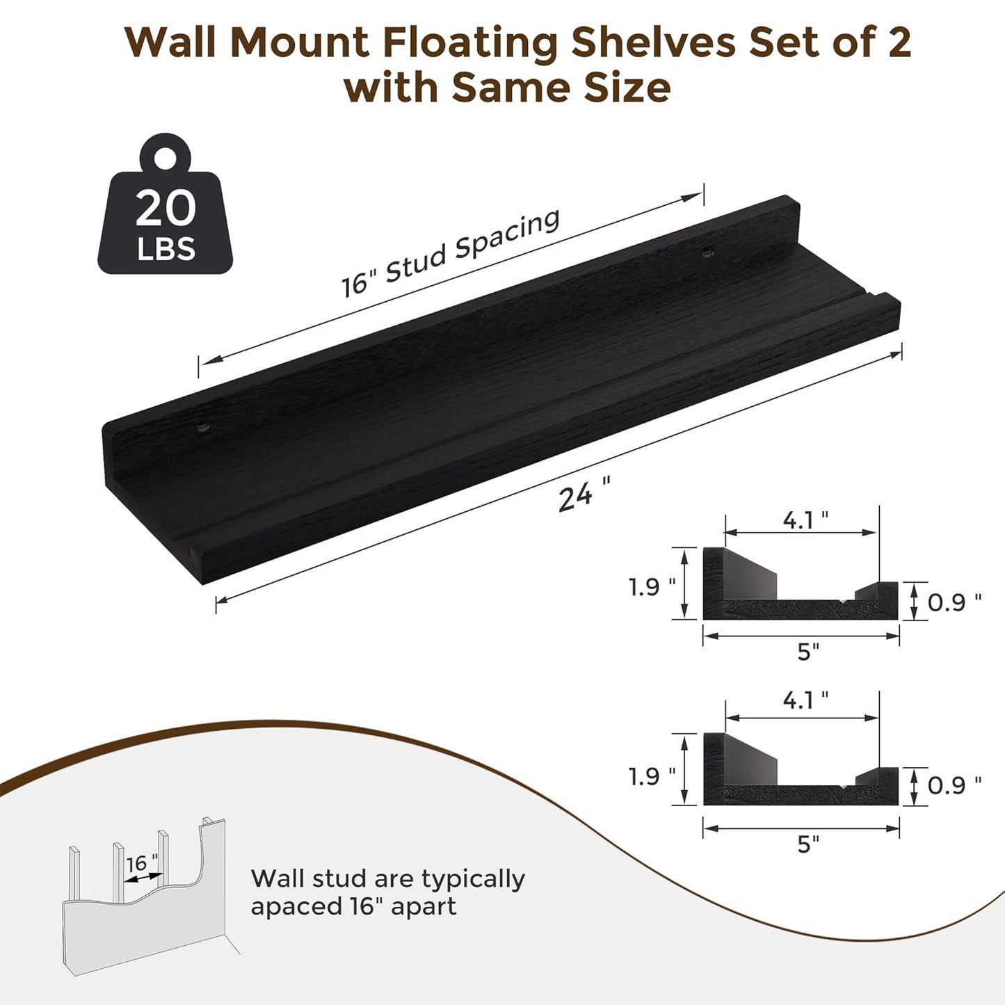 ShelfLoft 5.5"D x 1.9"H Distressed Black 60lbs Picture Ledge Shelf Wood Floating Shelves