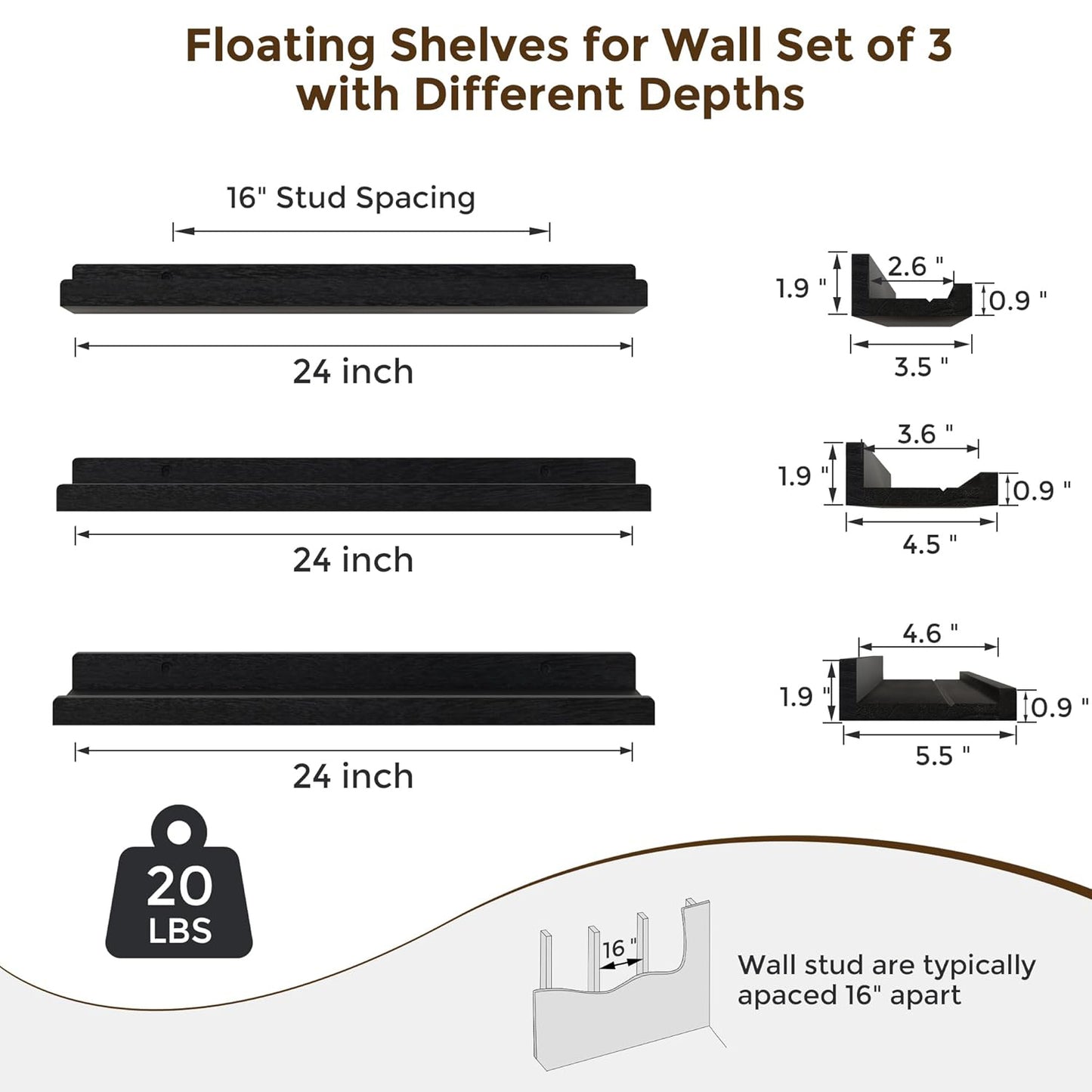 ShelfLoft 5.5"D x 1.9"H Distressed Black 60lbs Picture Ledge Shelf Wood Floating Shelves