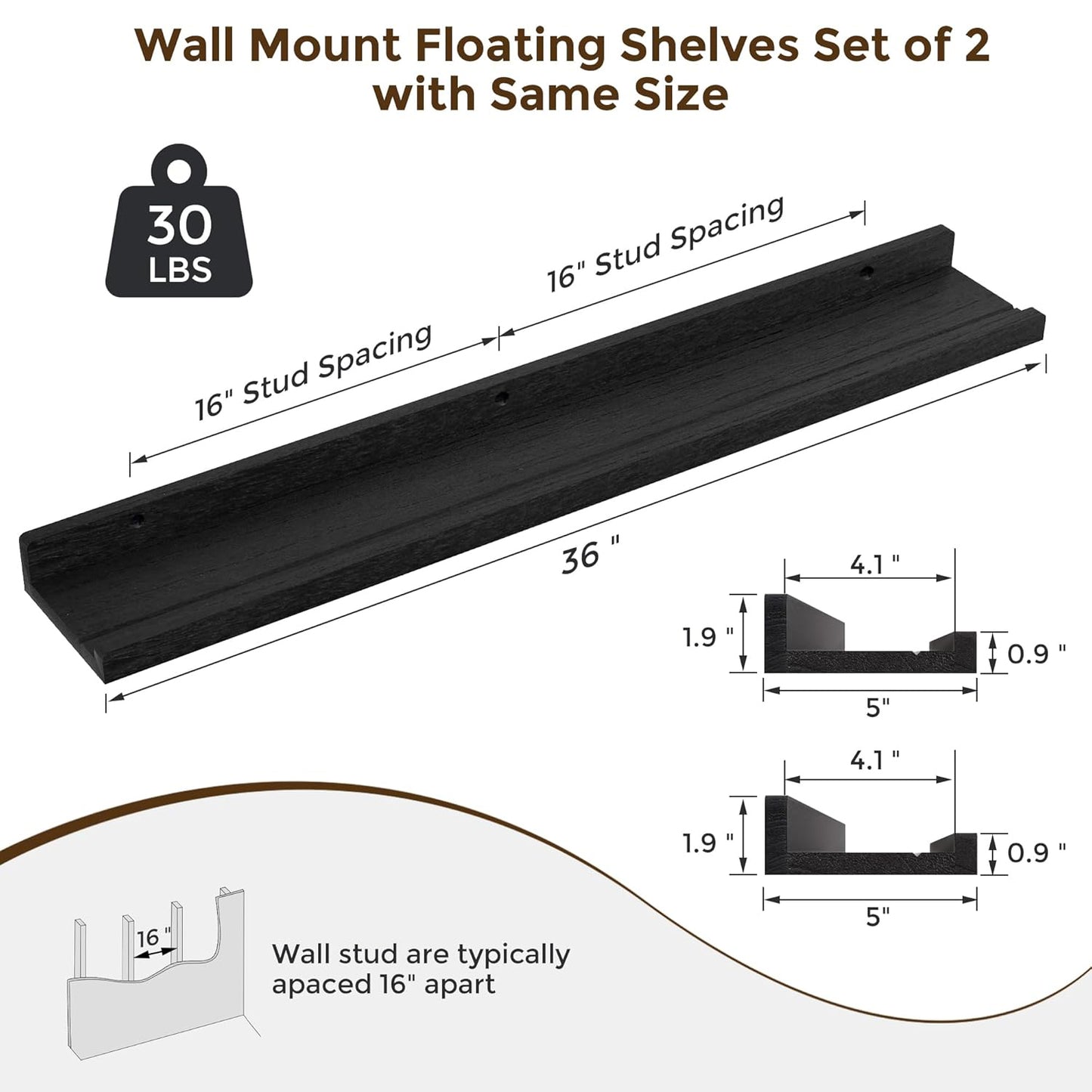 ShelfLoft 5.5"D x 1.9"H Distressed Black 60lbs Picture Ledge Shelf Wood Floating Shelves