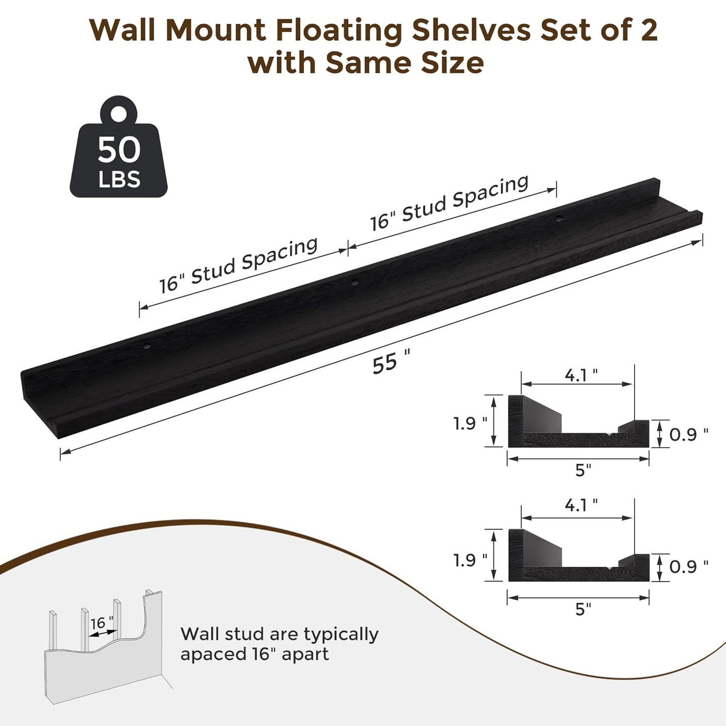 ShelfLoft 5.5"D x 1.9"H Distressed Black 60lbs Picture Ledge Shelf Wood Floating Shelves