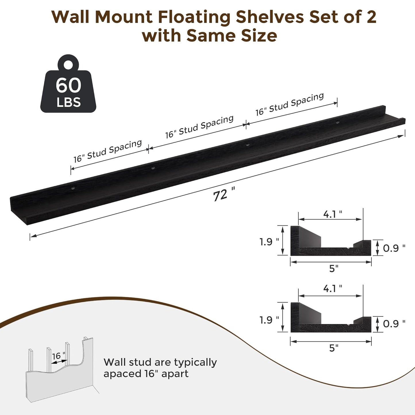 ShelfLoft 5.5"D x 1.9"H Distressed Black 60lbs Picture Ledge Shelf Wood Floating Shelves