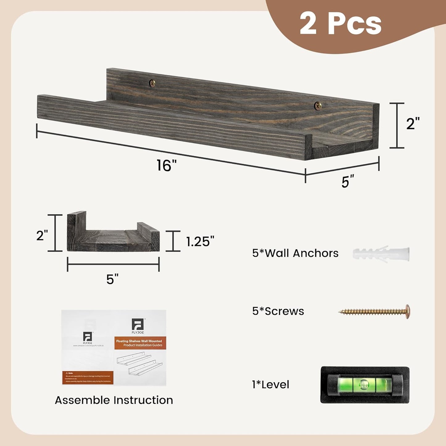 ShelfLoft 5.5"D x 2"H Grey Pine Wood Picture Ledge Shelf Wall Shelves with Lip, 2 Pack