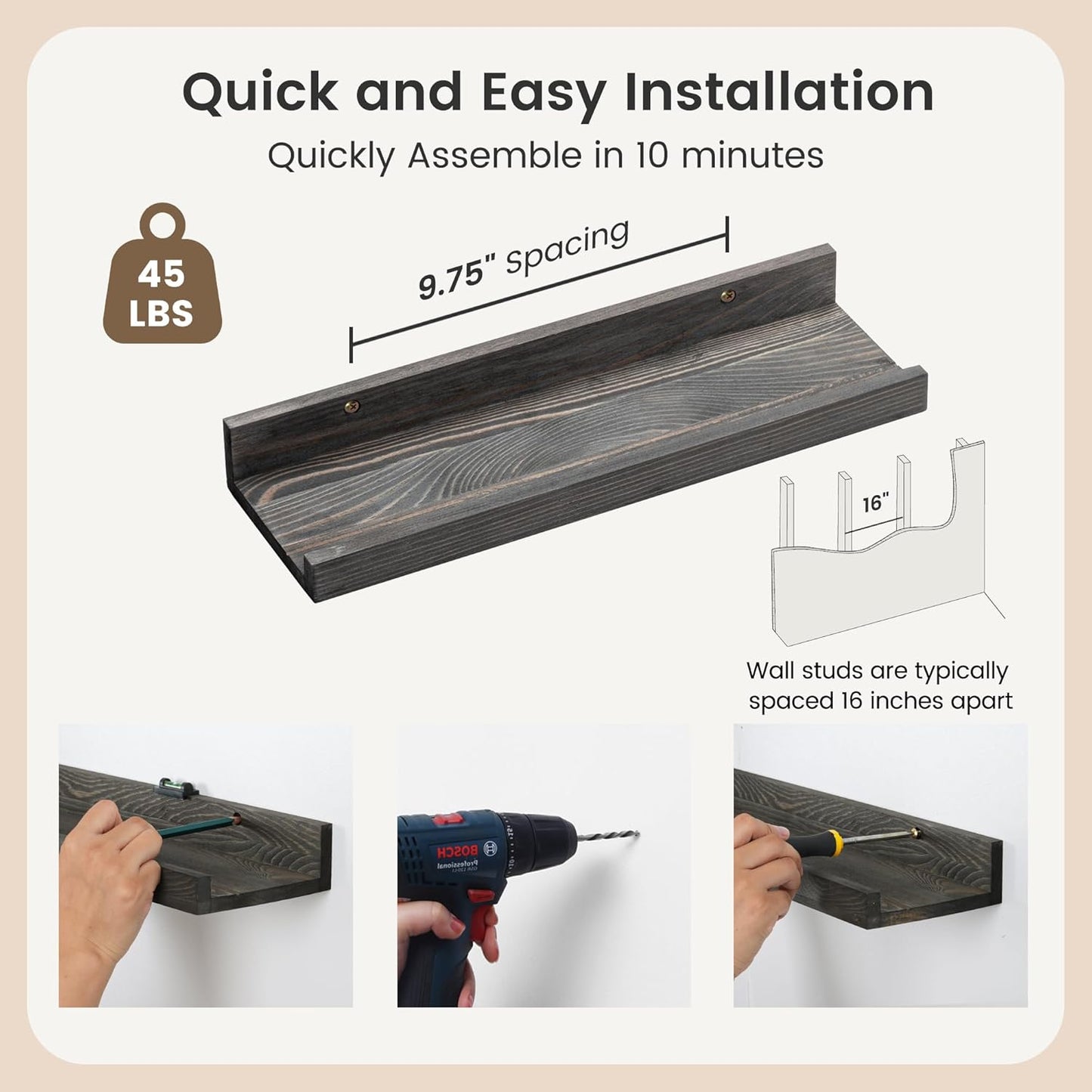 ShelfLoft 5.5"D x 2"H Grey Pine Wood Picture Ledge Shelf Wall Shelves with Lip, 2 Pack