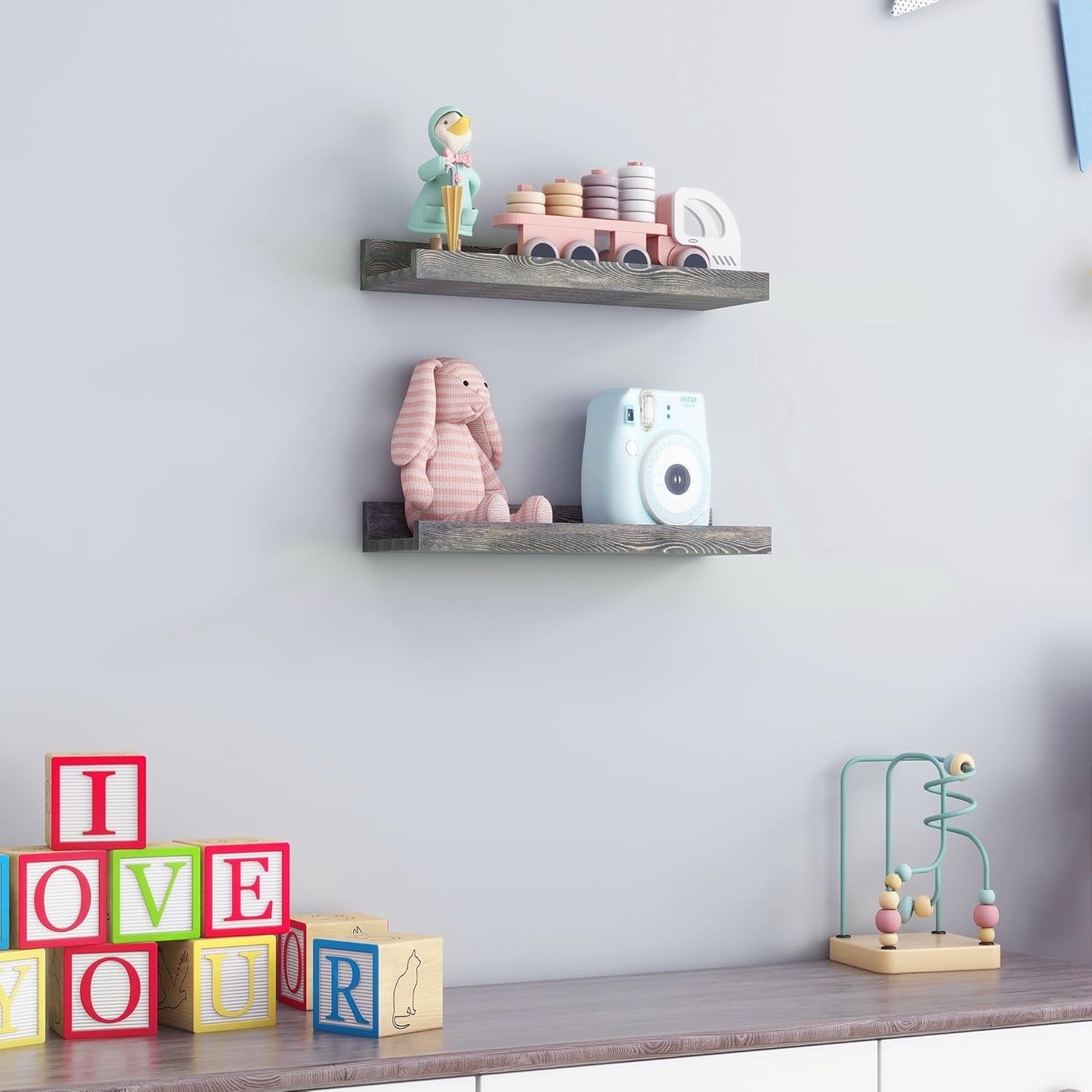 ShelfLoft 5.5"D x 2"H Grey Pine Wood Picture Ledge Shelf Wall Shelves with Lip, 2 Pack