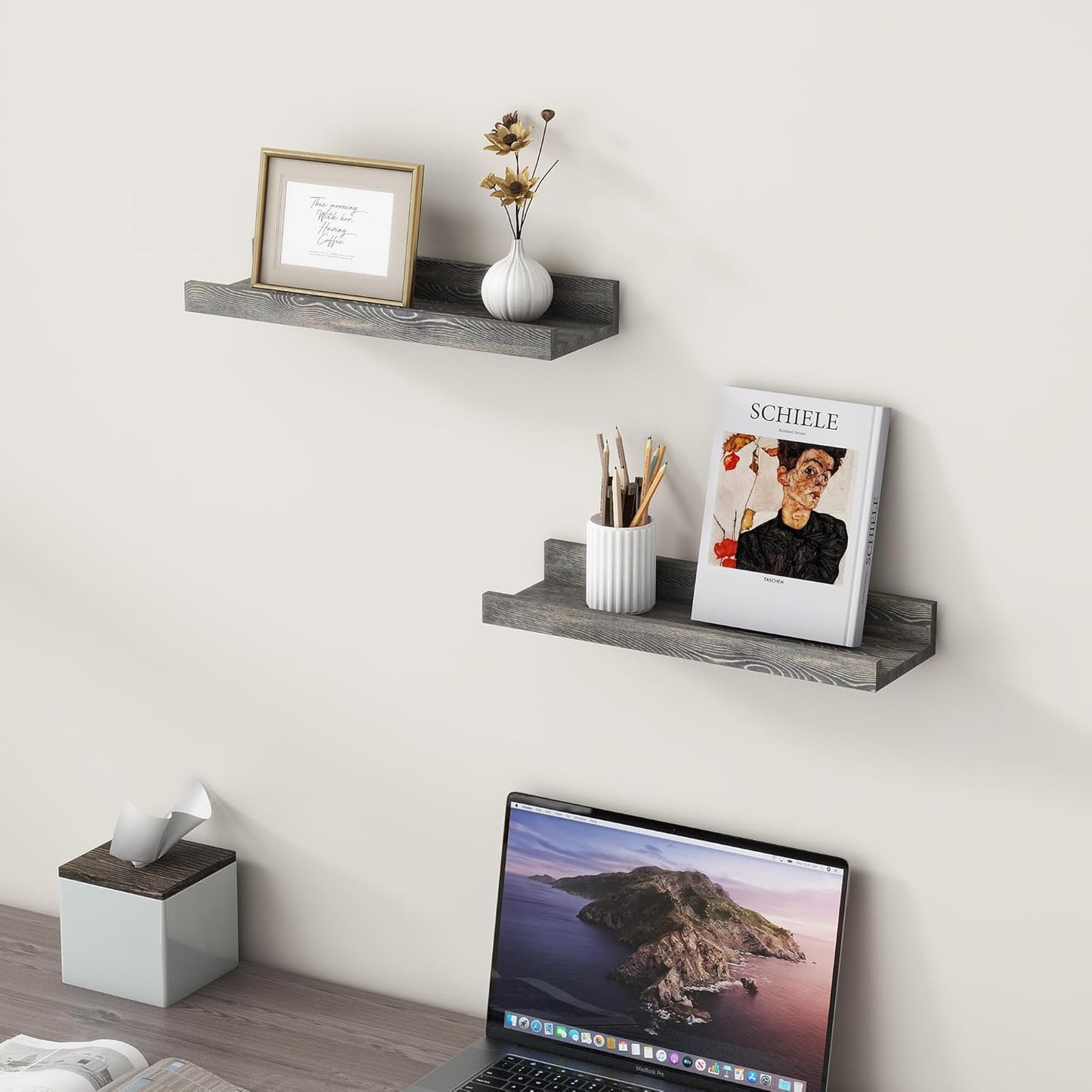 ShelfLoft 5.5"D x 2"H Grey Pine Wood Picture Ledge Shelf Wall Shelves with Lip, 2 Pack