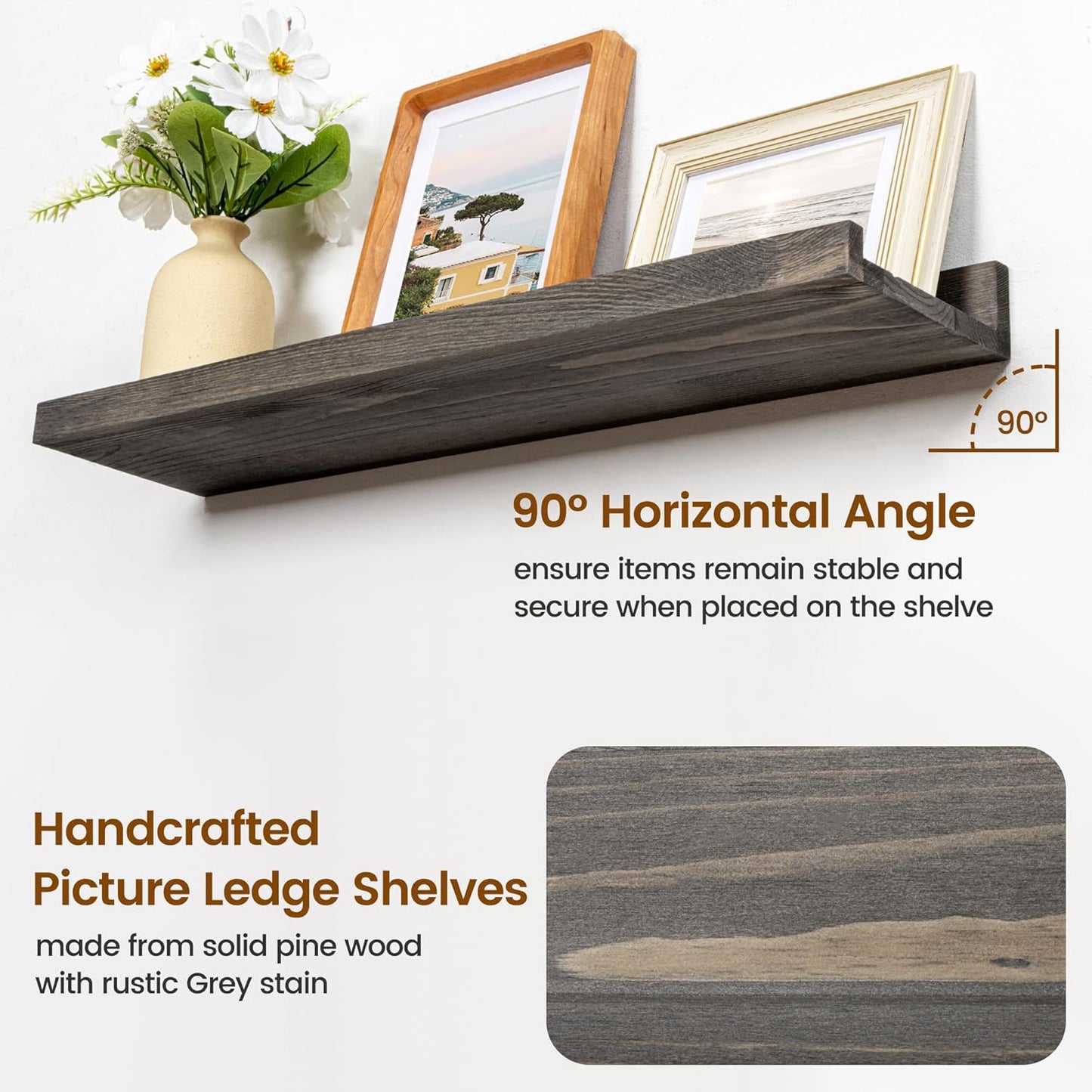 ShelfLoft 5.5"D x 2"H Grey Pine Wood Picture Ledge Shelf Wall Shelves with Lip, 2 Pack