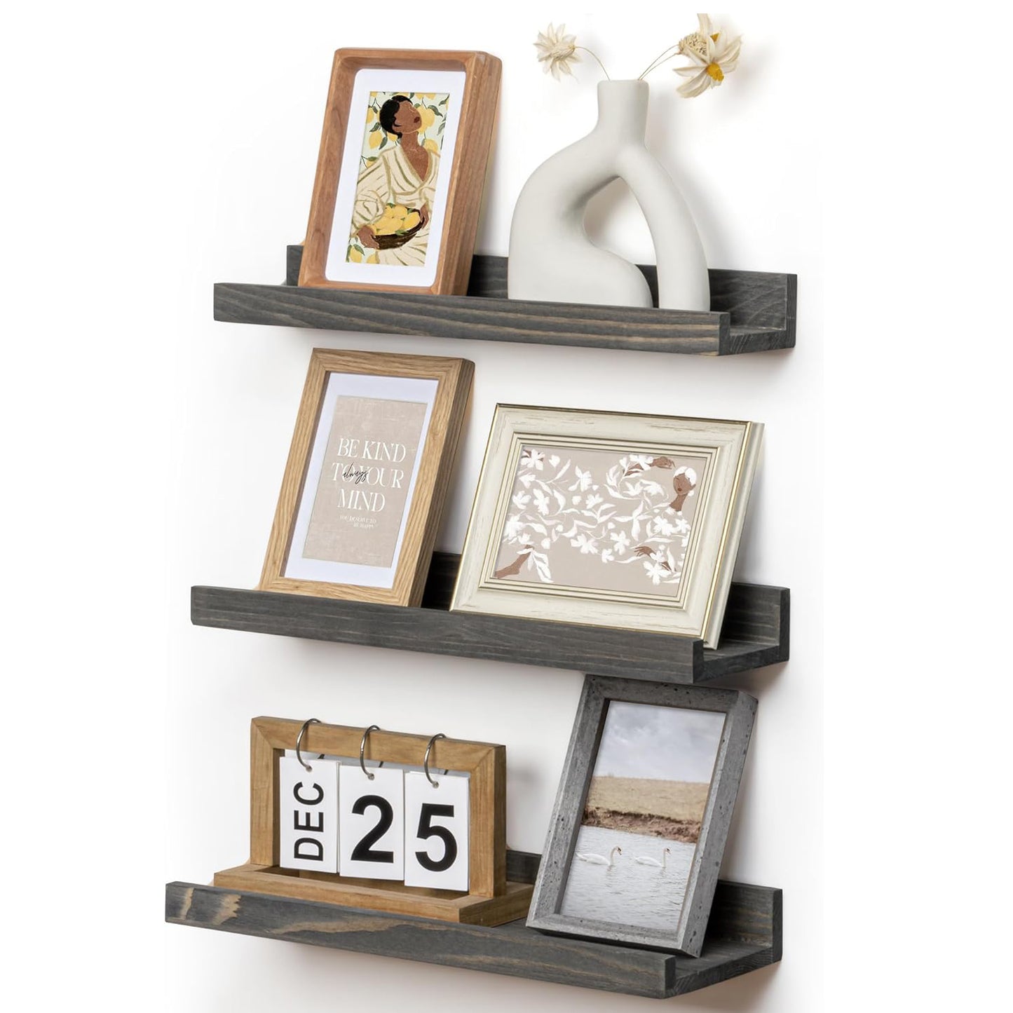 ShelfLoft 5.5"D x 2"H Grey Pine Wood Picture Ledge Shelf Wall Shelves with Lip, 2 Pack