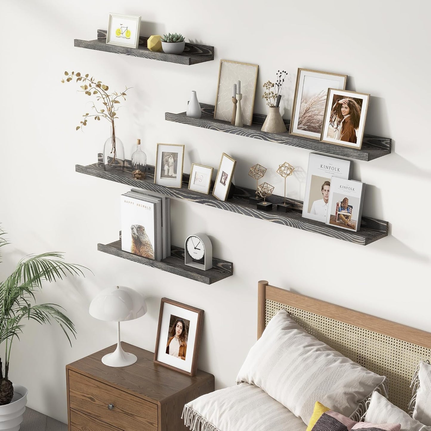 ShelfLoft 5.5"D x 2"H Grey Pine Wood Picture Ledge Shelf Wall Shelves with Lip, 2 Pack