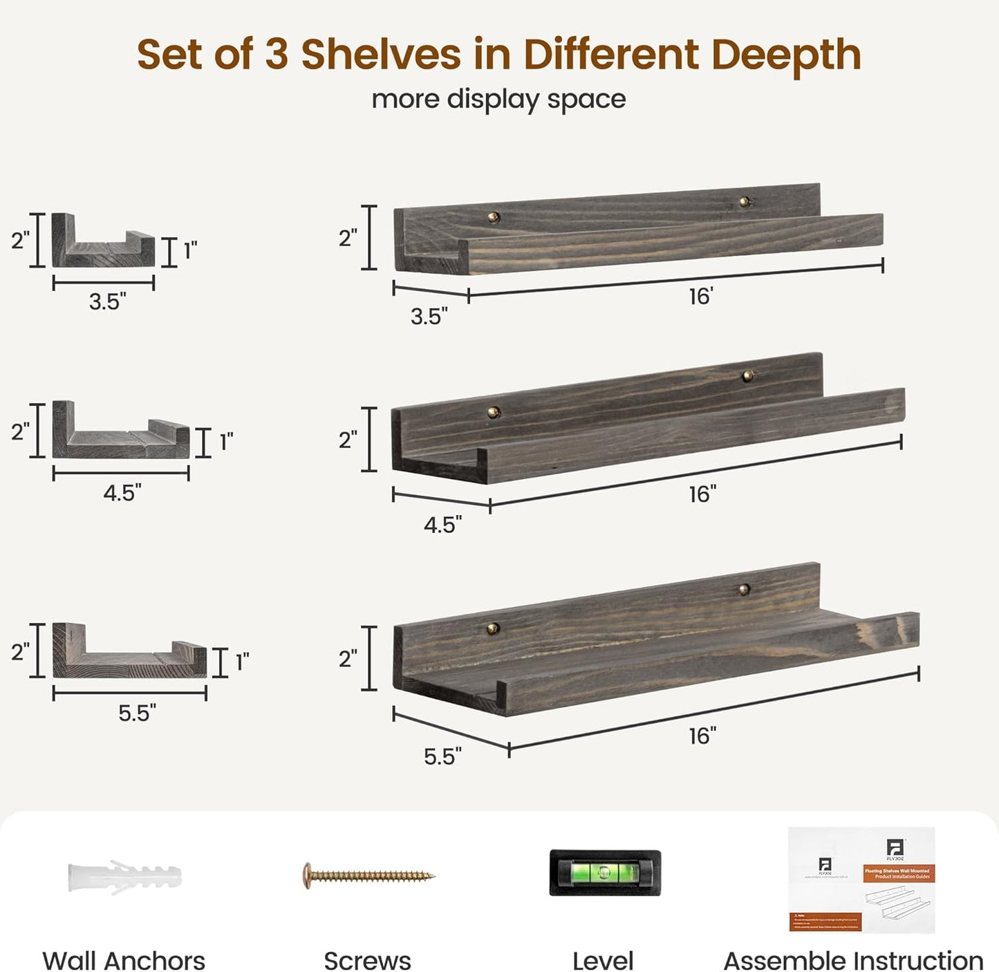 ShelfLoft 5.5"D x 2"H Grey Pine Wood Picture Ledge Shelf Wall Shelves with Lip, 2 Pack