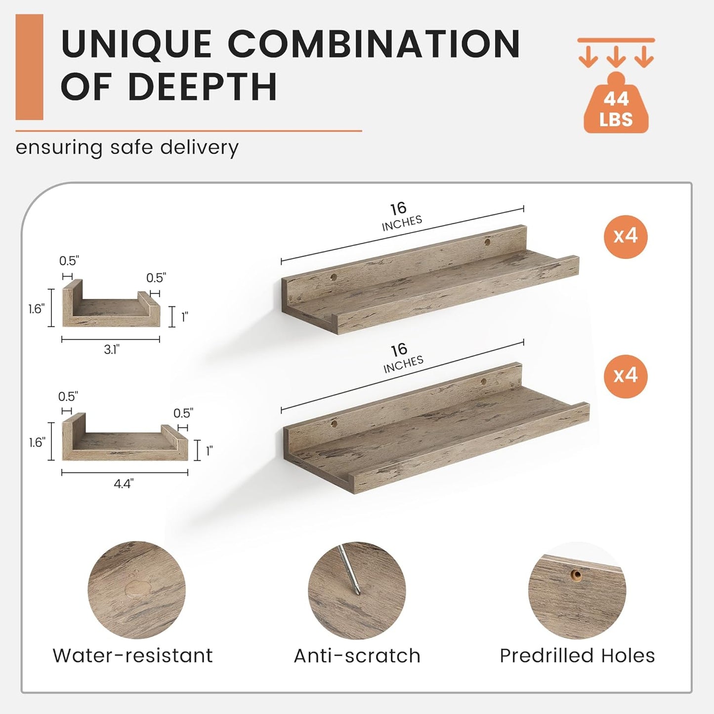 ShelfLoft 16" Wide x 4.4" Deep Picture Ledge Floating Shelves, 8 Pack