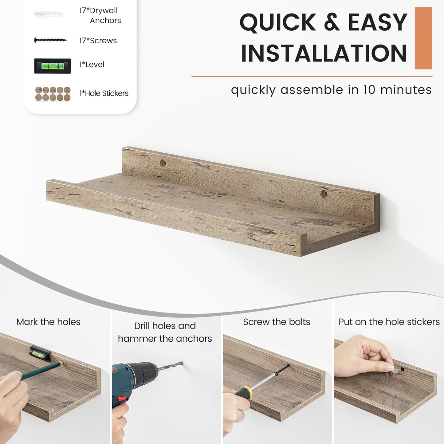 ShelfLoft 4.7"D x 2"H Grey Picture Ledge Floating Shelves
