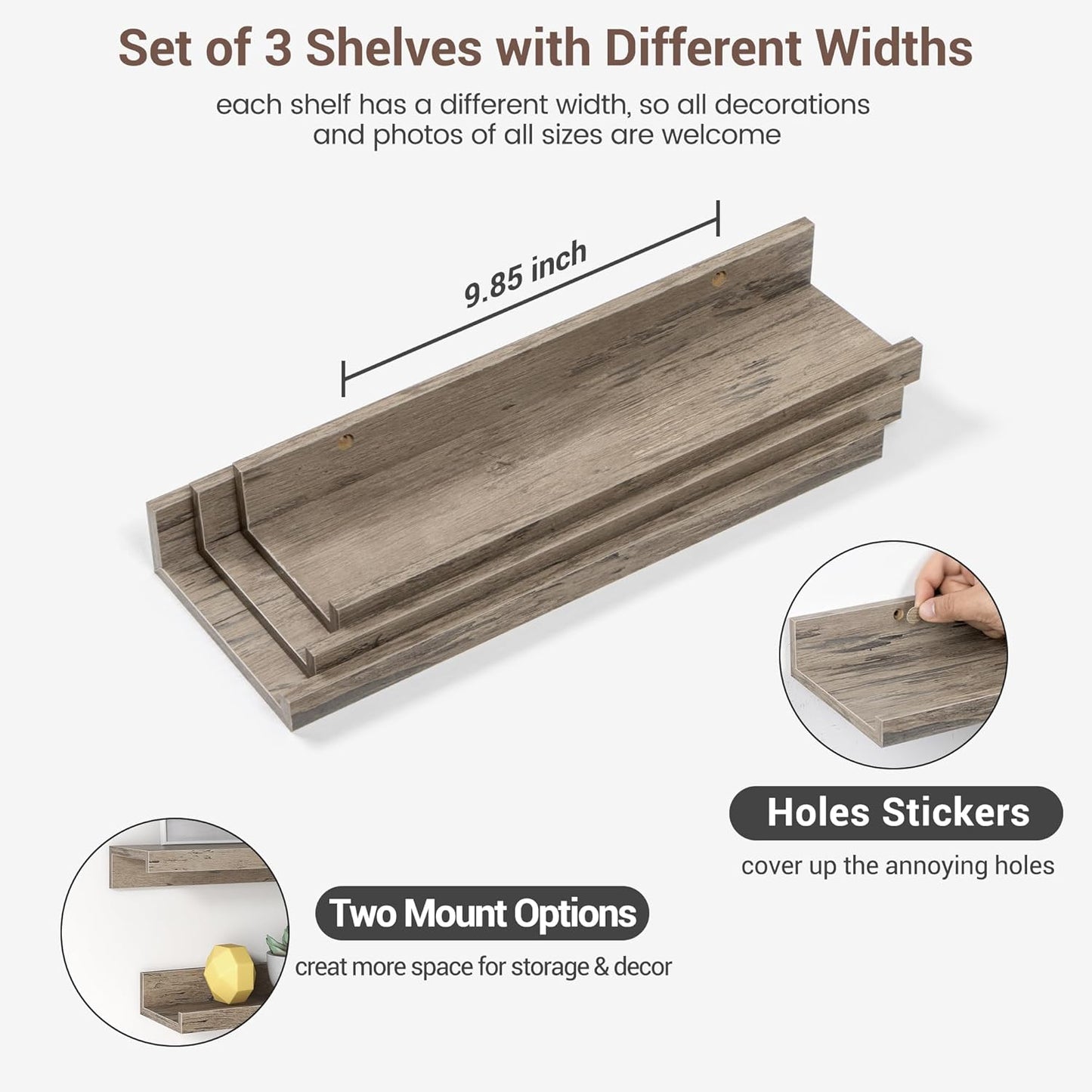 ShelfLoft 16" Wide x 4.2" Deep Picture Ledge Shelf Floating Shelves with Lip Set of 3