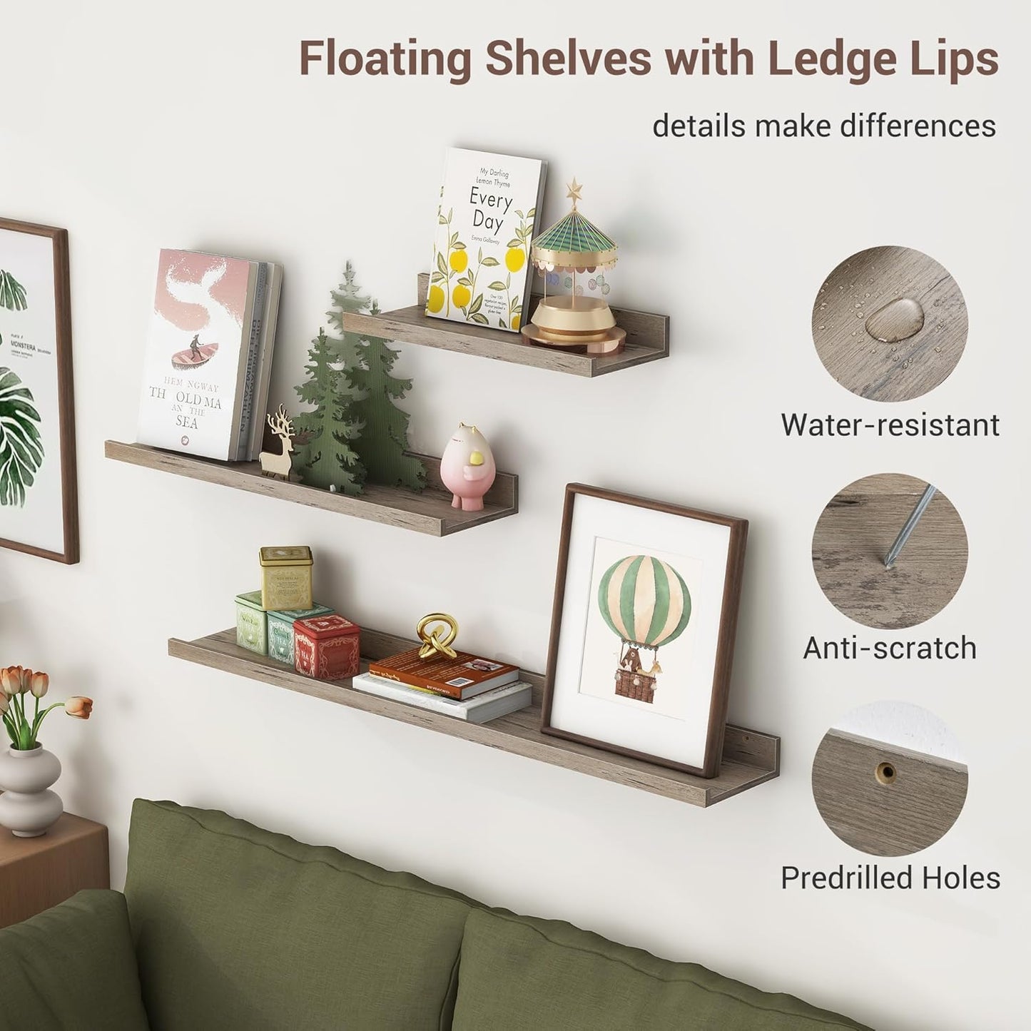 ShelfLoft 16" Wide x 4.2" Deep Picture Ledge Shelf Floating Shelves with Lip Set of 3