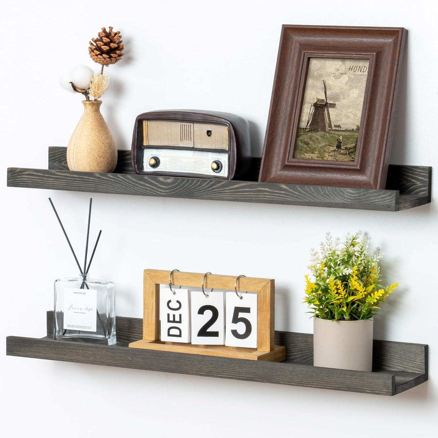 ShelfLoft 5.5"D x 2"H Grey Pine Wood Picture Ledge Shelf Wall Shelves with Lip, 2 Pack