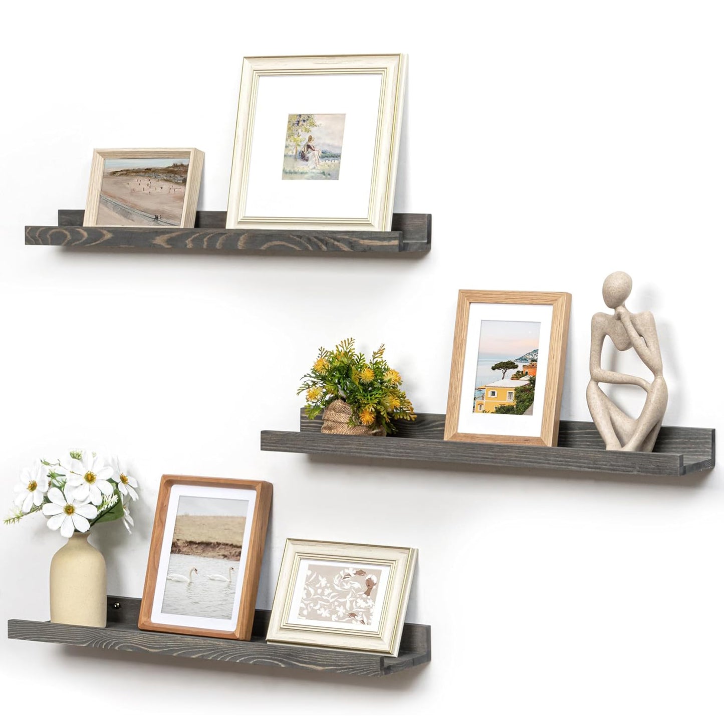 ShelfLoft 5.5"D x 2"H Grey Pine Wood Picture Ledge Shelf Wall Shelves with Lip, 2 Pack